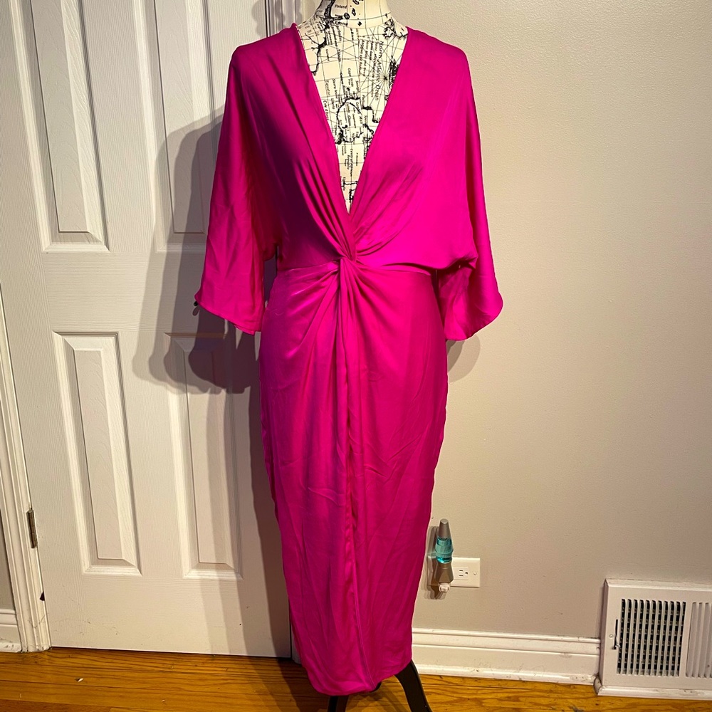 Asos Kimono Fuchsia Knot Twist Slit 3/4 sleeve Dolman Deep V-neck Plunge Neon 6